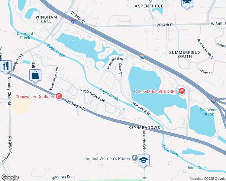 map of restaurants, bars, coffee shops, grocery stores, and more near 7503 Towpath Lane in Indianapolis
