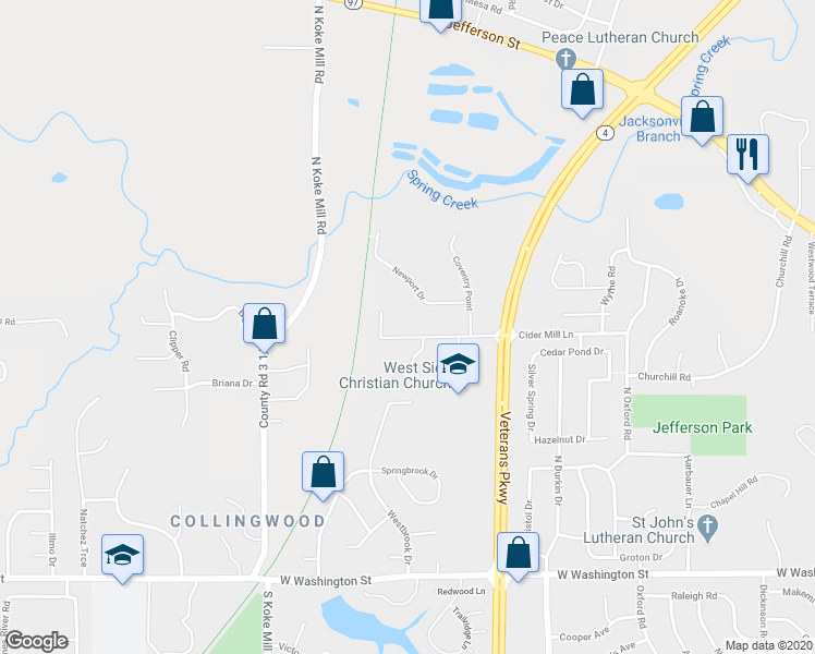 map of restaurants, bars, coffee shops, grocery stores, and more near 2925 Cider Mill Lane in Springfield