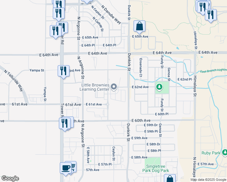 map of restaurants, bars, coffee shops, grocery stores, and more near 6149 North Ceylon Street in Denver