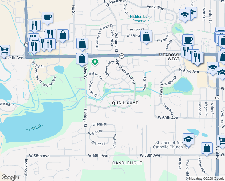 map of restaurants, bars, coffee shops, grocery stores, and more near 13749 W 61st Ln in Arvada
