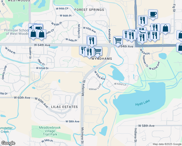 map of restaurants, bars, coffee shops, grocery stores, and more near 15444 West 63rd Avenue in Arvada
