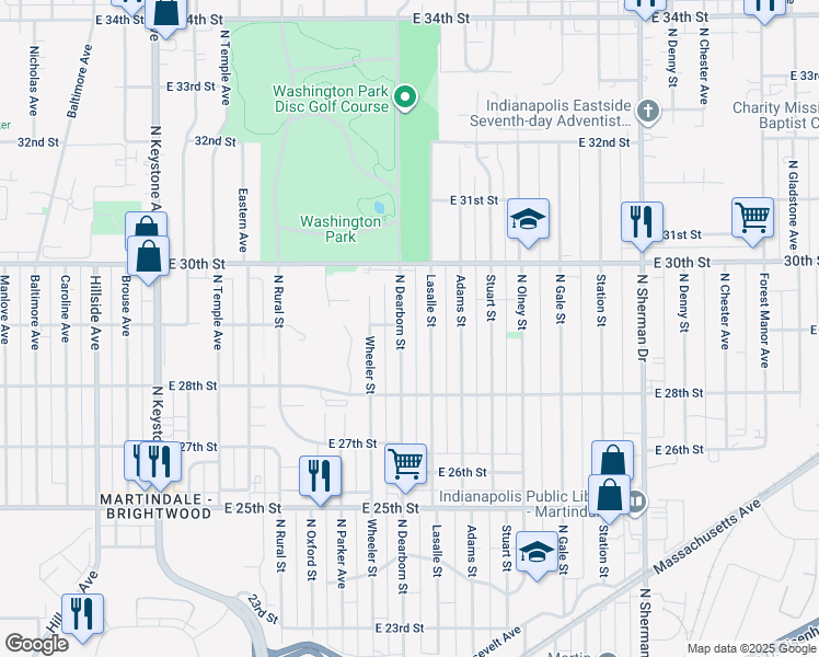map of restaurants, bars, coffee shops, grocery stores, and more near 2867 North Dearborn Street in Indianapolis
