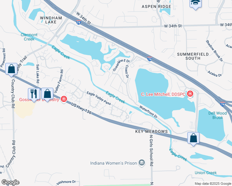 map of restaurants, bars, coffee shops, grocery stores, and more near 7503 Towpath Lane in Indianapolis