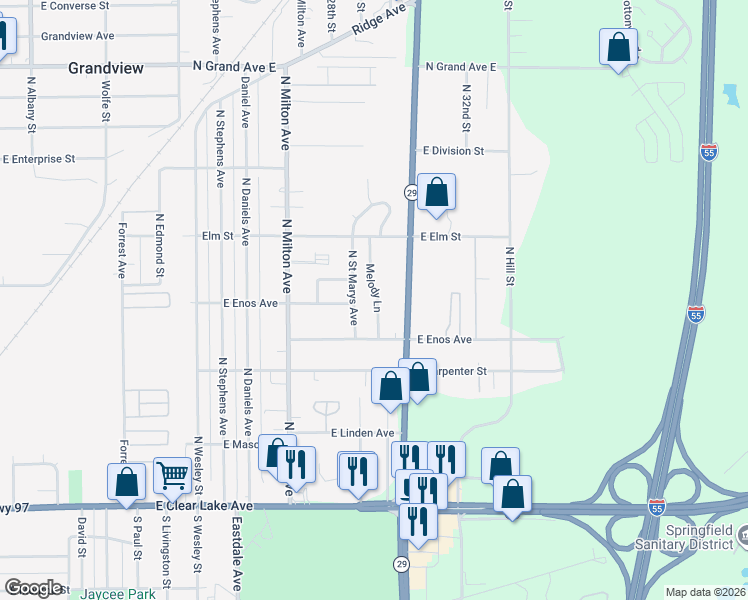 map of restaurants, bars, coffee shops, grocery stores, and more near 33 Melody Ln in Springfield