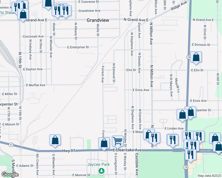 map of restaurants, bars, coffee shops, grocery stores, and more near 624 Forrest Avenue in Springfield