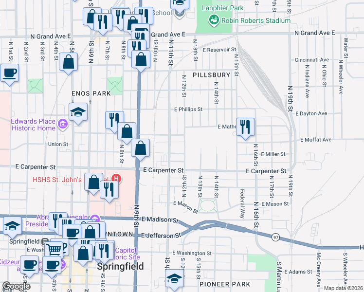 map of restaurants, bars, coffee shops, grocery stores, and more near 1113 East Miller Street in Springfield
