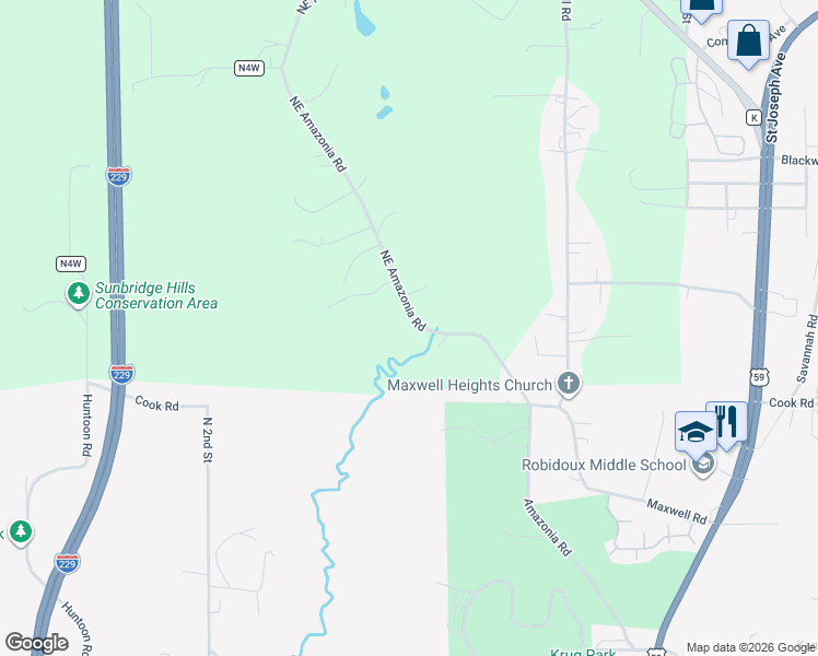 map of restaurants, bars, coffee shops, grocery stores, and more near 4801-4939 NE Amazonia Rd in St Joseph