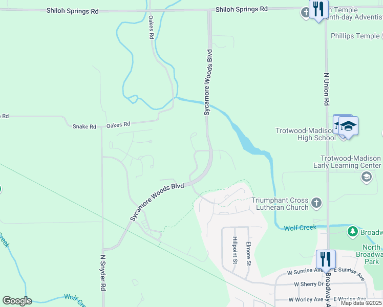 map of restaurants, bars, coffee shops, grocery stores, and more near 4485 Springdawn Drive in Trotwood