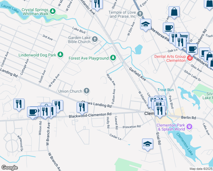 map of restaurants, bars, coffee shops, grocery stores, and more near 61 Harwood Lane in Clementon
