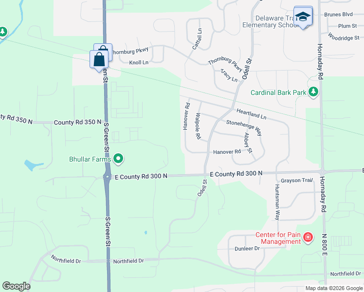 map of restaurants, bars, coffee shops, grocery stores, and more near 2330 Hanover Road in Brownsburg