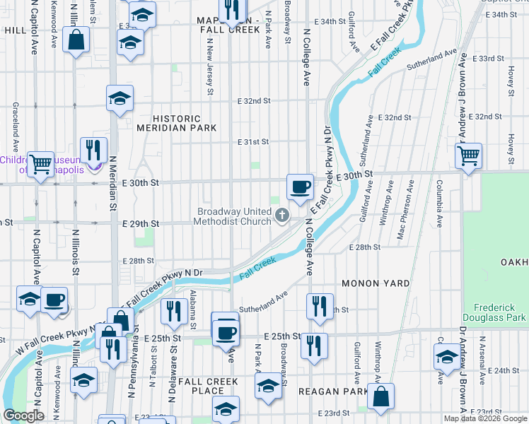 map of restaurants, bars, coffee shops, grocery stores, and more near 536 East 29th Street in Indianapolis