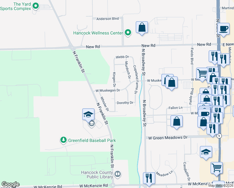 map of restaurants, bars, coffee shops, grocery stores, and more near 1655 Kingen Drive in Greenfield