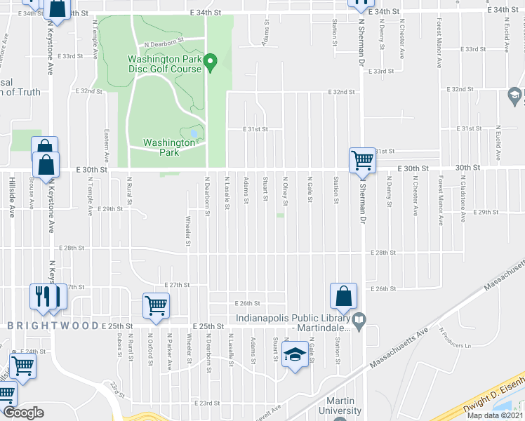 map of restaurants, bars, coffee shops, grocery stores, and more near 2902 Stuart Street in Indianapolis