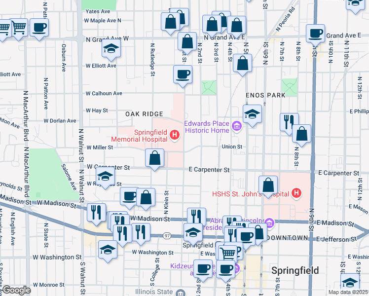 map of restaurants, bars, coffee shops, grocery stores, and more near 101 West Miller Street in Springfield