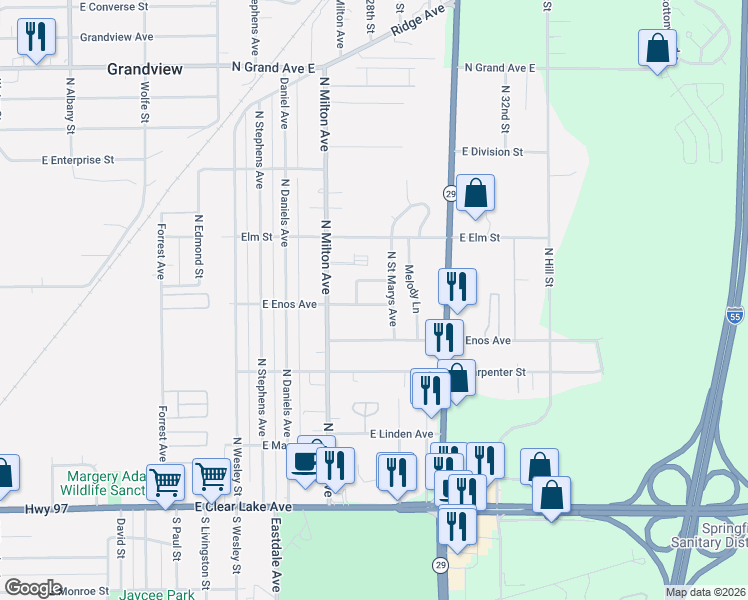 map of restaurants, bars, coffee shops, grocery stores, and more near 3048 East Trinity Avenue in Springfield