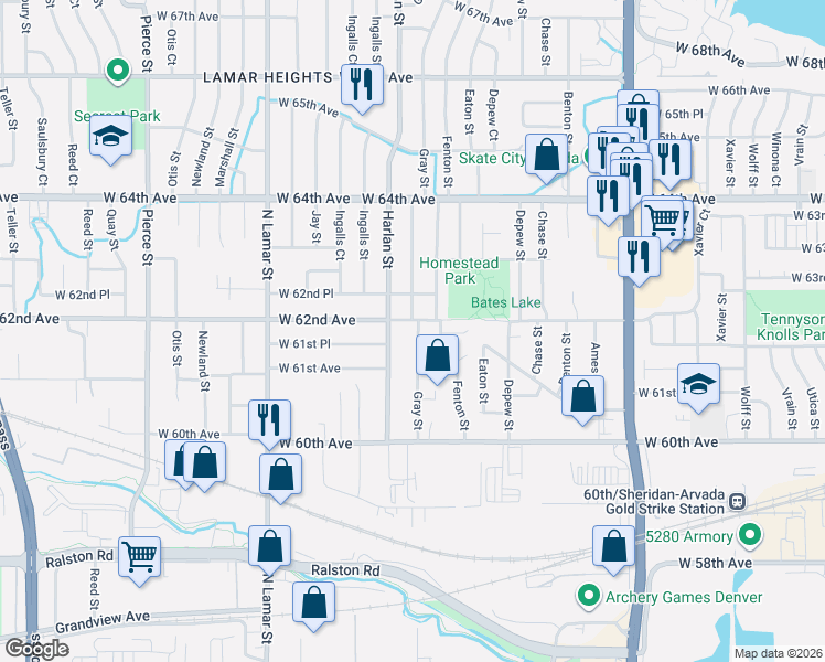 map of restaurants, bars, coffee shops, grocery stores, and more near 6175 Gray Street in Arvada