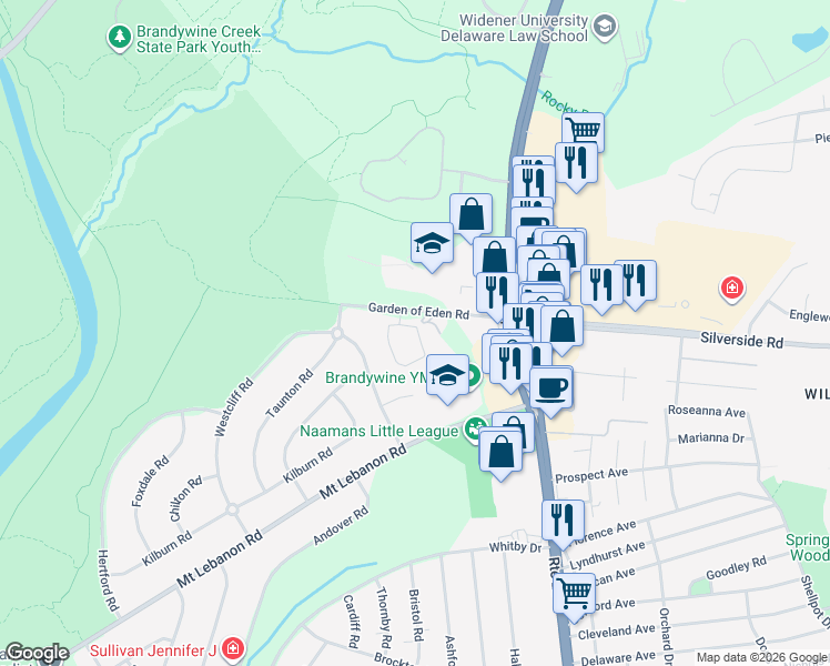map of restaurants, bars, coffee shops, grocery stores, and more near 100 Garden of Eden Road in Wilmington