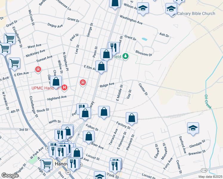 map of restaurants, bars, coffee shops, grocery stores, and more near 545 East Walnut Street in Hanover