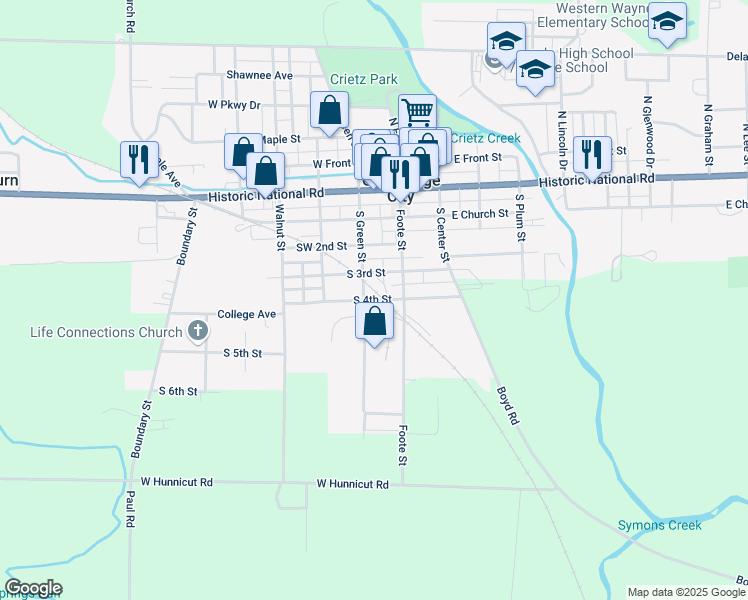 map of restaurants, bars, coffee shops, grocery stores, and more near South 4th Street in Cambridge City