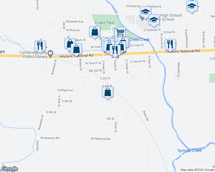 map of restaurants, bars, coffee shops, grocery stores, and more near South 4th Street in Cambridge City