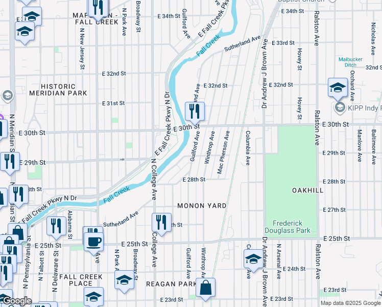 map of restaurants, bars, coffee shops, grocery stores, and more near 2891 Sutherland Avenue in Indianapolis