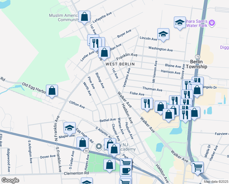 map of restaurants, bars, coffee shops, grocery stores, and more near 157 Haddon Avenue in Berlin Township