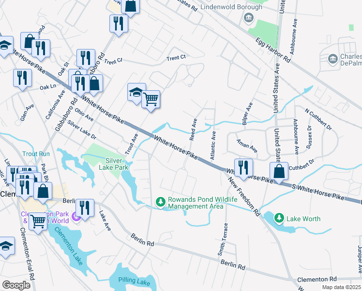 map of restaurants, bars, coffee shops, grocery stores, and more near 229 White Horse Pike in Clementon