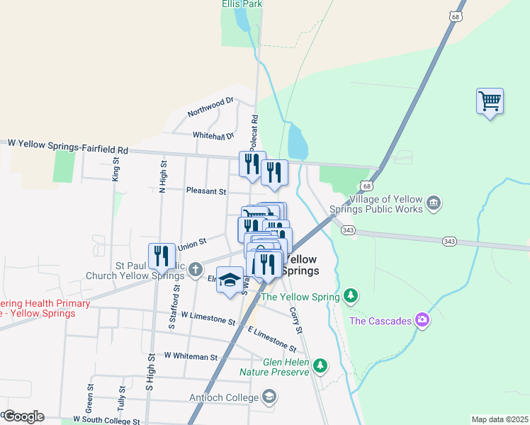 map of restaurants, bars, coffee shops, grocery stores, and more near 123 Cliff Street in Yellow Springs