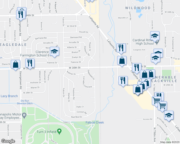 map of restaurants, bars, coffee shops, grocery stores, and more near 2941 Eagledale Drive in Indianapolis