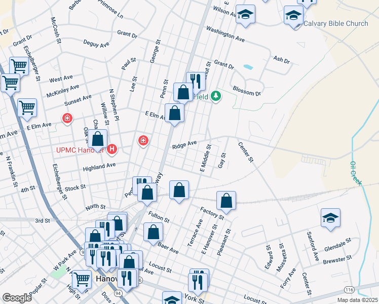 map of restaurants, bars, coffee shops, grocery stores, and more near 545 East Walnut Street in Hanover