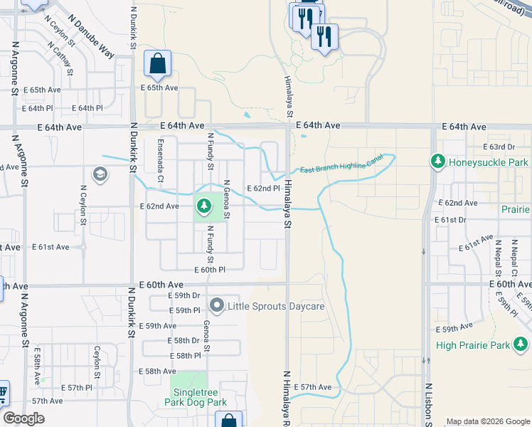 map of restaurants, bars, coffee shops, grocery stores, and more near 20050 East 61st Drive in Aurora