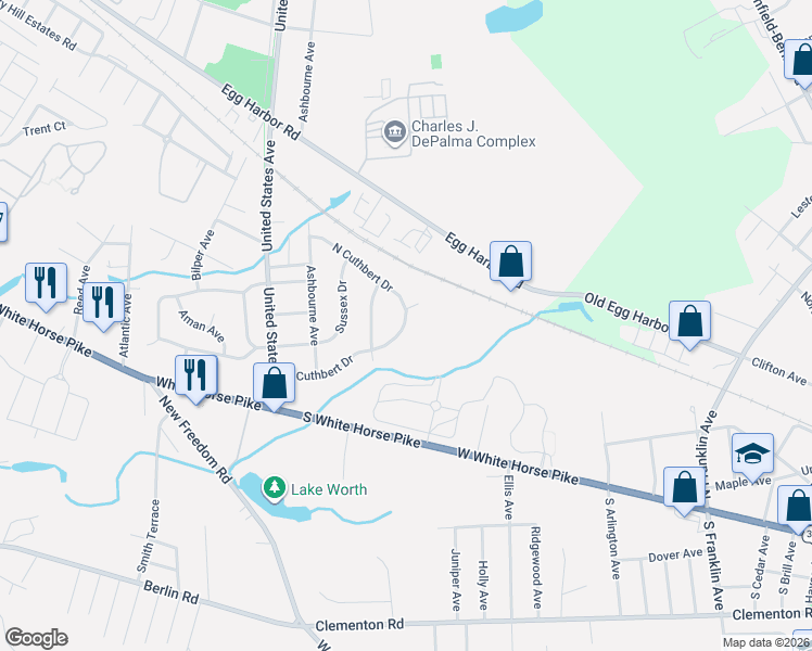 map of restaurants, bars, coffee shops, grocery stores, and more near 2406 South Cuthbert Drive in Lindenwold
