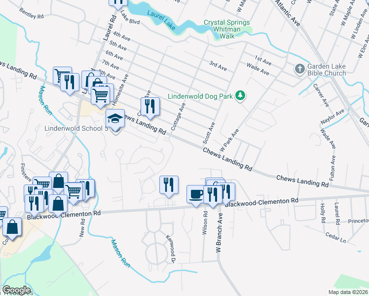 map of restaurants, bars, coffee shops, grocery stores, and more near 334 Chews Landing Road in Lindenwold