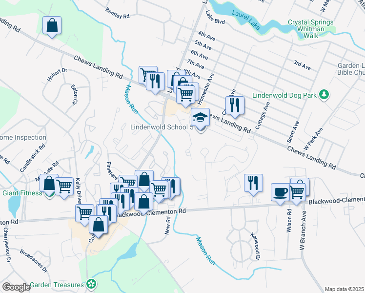 map of restaurants, bars, coffee shops, grocery stores, and more near 2713 Greenwood Drive in Lindenwold