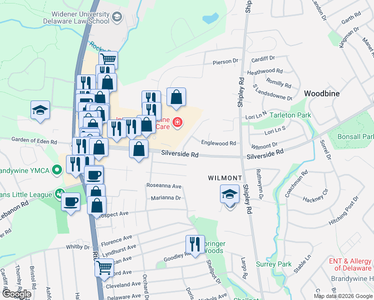 map of restaurants, bars, coffee shops, grocery stores, and more near 3328 Silverside Road in Wilmington