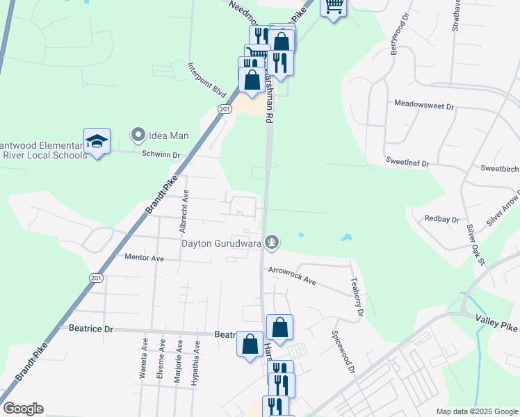 map of restaurants, bars, coffee shops, grocery stores, and more near 2557 Harshman Road in Dayton