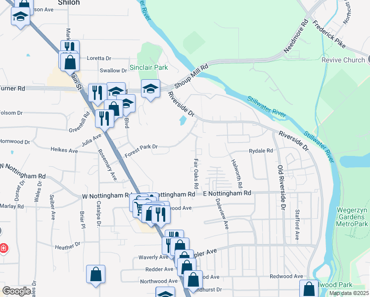 map of restaurants, bars, coffee shops, grocery stores, and more near 300 Forest Park Drive in Dayton