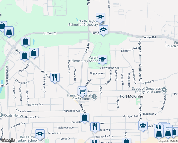 map of restaurants, bars, coffee shops, grocery stores, and more near 3958 Boggs Avenue in Dayton