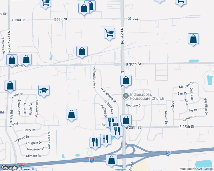 map of restaurants, bars, coffee shops, grocery stores, and more near 8835 Boehning Court in Indianapolis