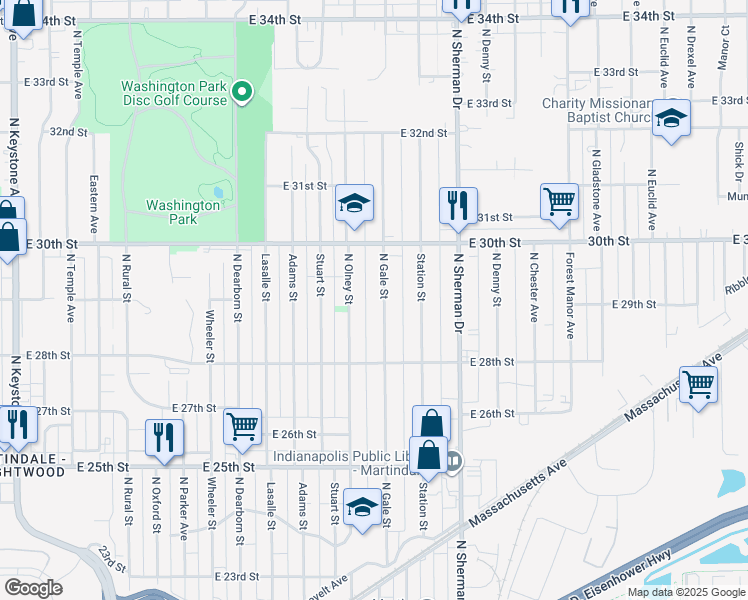 map of restaurants, bars, coffee shops, grocery stores, and more near 2862 North Gale Street in Indianapolis