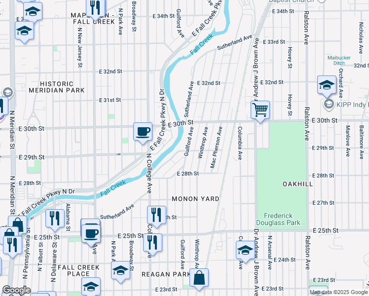 map of restaurants, bars, coffee shops, grocery stores, and more near 2891 Sutherland Avenue in Indianapolis