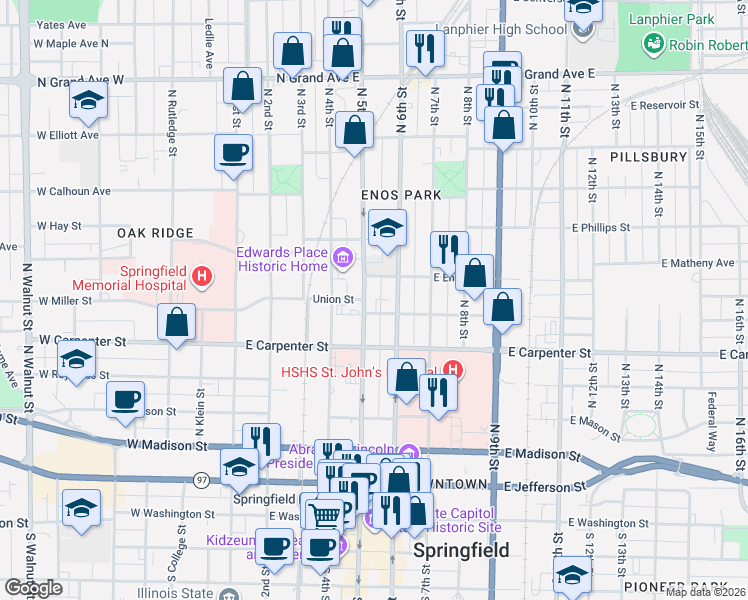 map of restaurants, bars, coffee shops, grocery stores, and more near 704 North 5th Street in Springfield