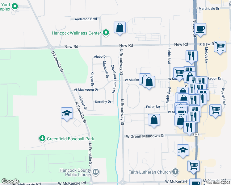 map of restaurants, bars, coffee shops, grocery stores, and more near 1669 Copeland Farms Drive in Greenfield