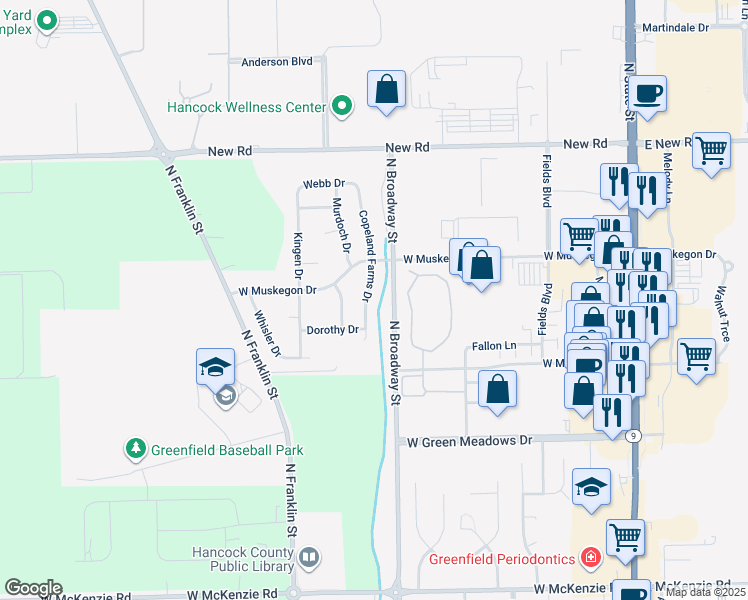 map of restaurants, bars, coffee shops, grocery stores, and more near 1669 Copeland Farms Drive in Greenfield