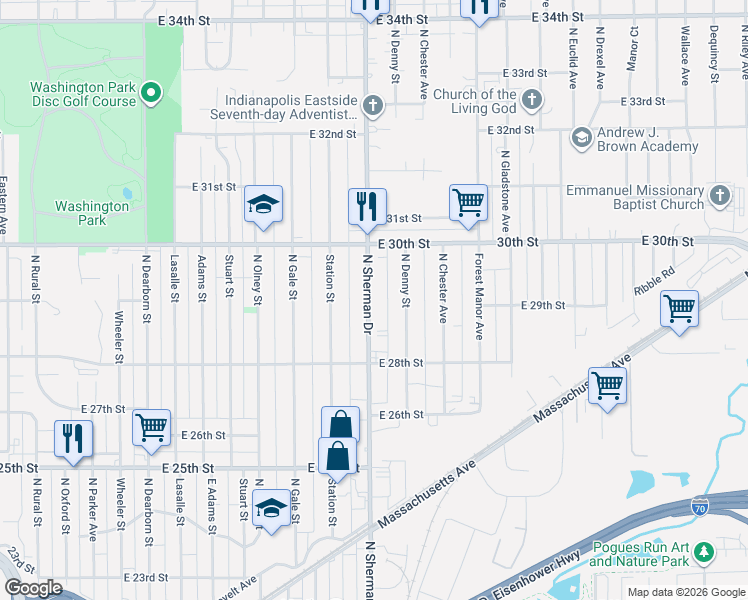 map of restaurants, bars, coffee shops, grocery stores, and more near 2864 North Sherman Drive in Indianapolis