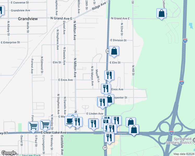 map of restaurants, bars, coffee shops, grocery stores, and more near 33 Melody Ln in Springfield