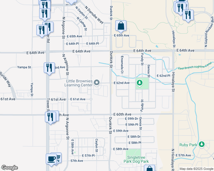 map of restaurants, bars, coffee shops, grocery stores, and more near North Dunkirk Street in Aurora