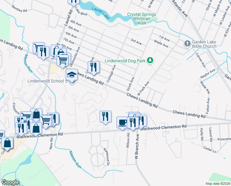 map of restaurants, bars, coffee shops, grocery stores, and more near 334 Chews Landing Road in Lindenwold