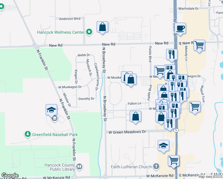 map of restaurants, bars, coffee shops, grocery stores, and more near 1757 Village Drive West in Greenfield