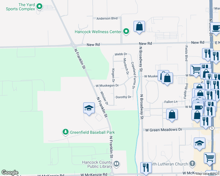 map of restaurants, bars, coffee shops, grocery stores, and more near 1009 West Muskegon Drive in Greenfield